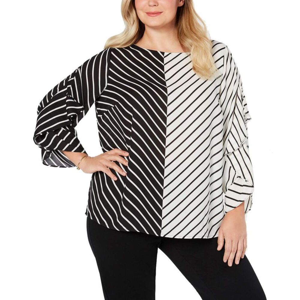 Alfani Plus Size Colorblocked Ruffle-Sleeve Top - Picture 2 of 2